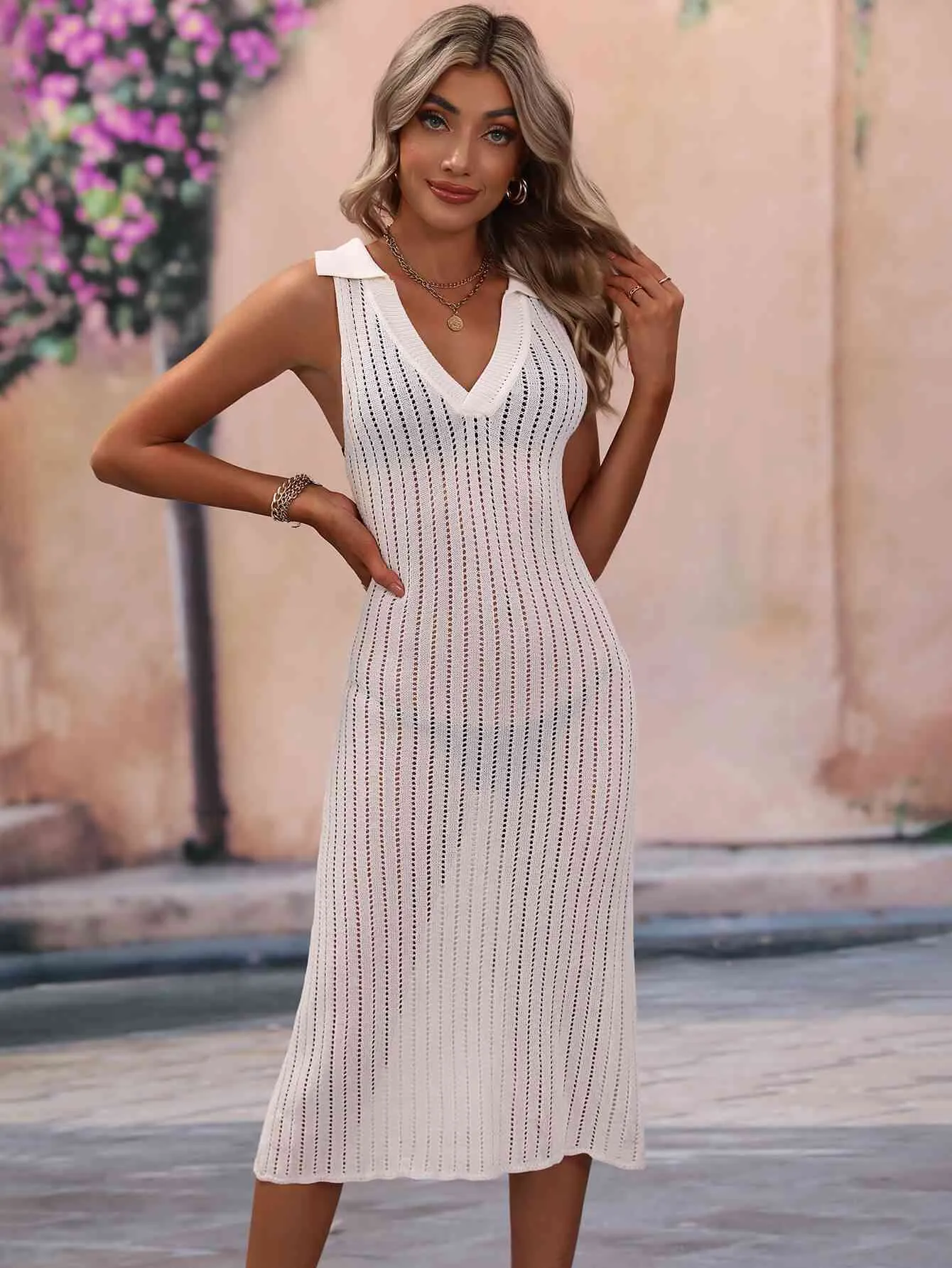 Openwork Johnny Collar Cover Up Dress for Stylish Summer
