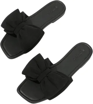 OYOANGLE Women's Bow Decor Square Open Toe Flat Sandals Solid Plain Lightweight Soft Slip on Dressy Slides