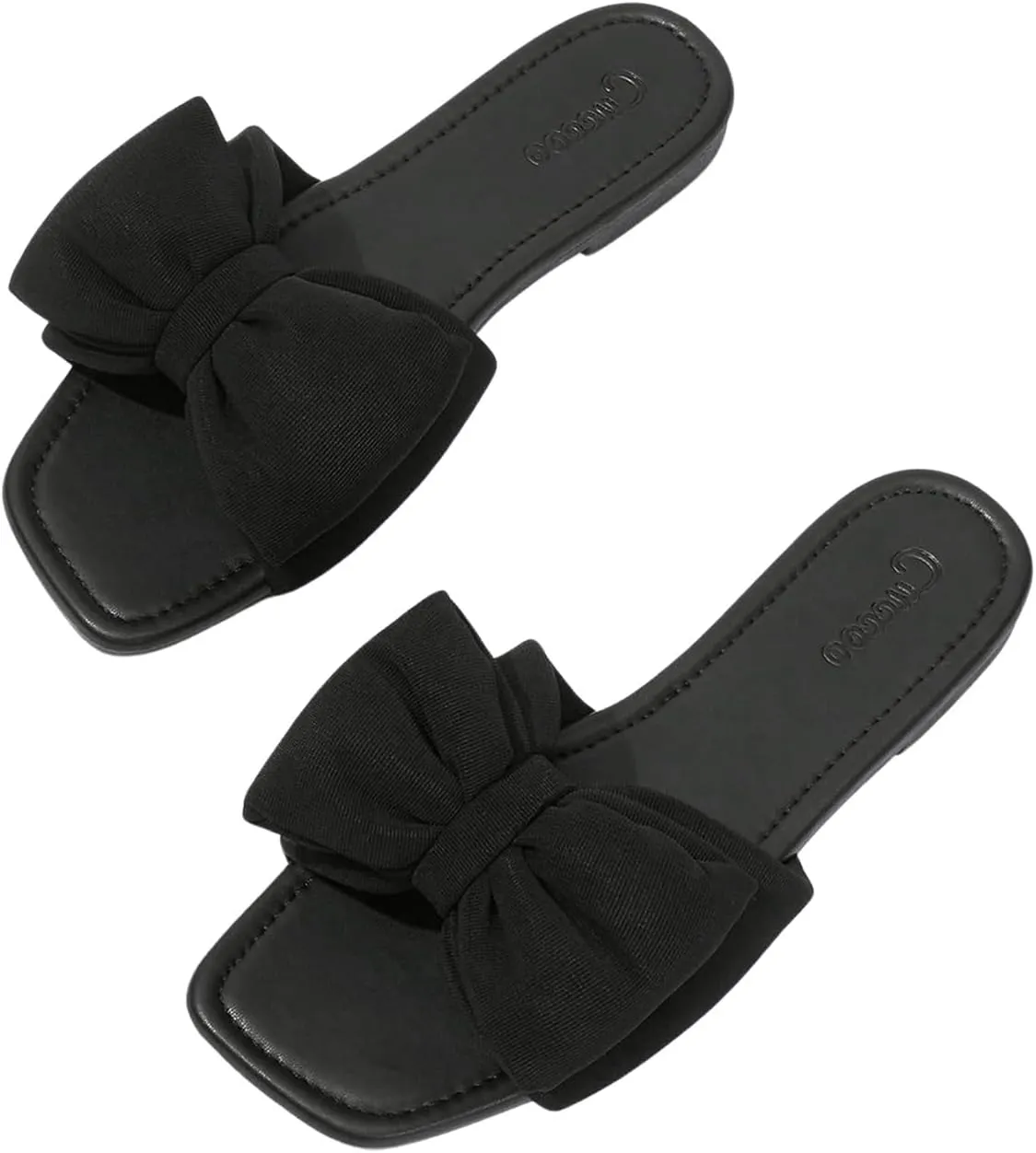 OYOANGLE Women's Bow Decor Square Open Toe Flat Sandals Solid Plain Lightweight Soft Slip on Dressy Slides