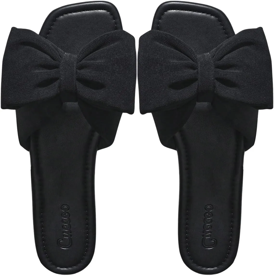 OYOANGLE Women's Bow Decor Square Open Toe Flat Sandals Solid Plain Lightweight Soft Slip on Dressy Slides