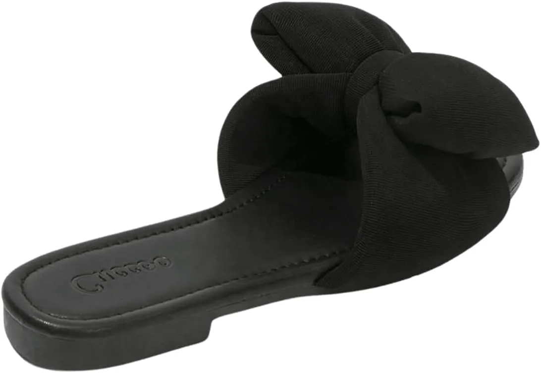 OYOANGLE Women's Bow Decor Square Open Toe Flat Sandals Solid Plain Lightweight Soft Slip on Dressy Slides