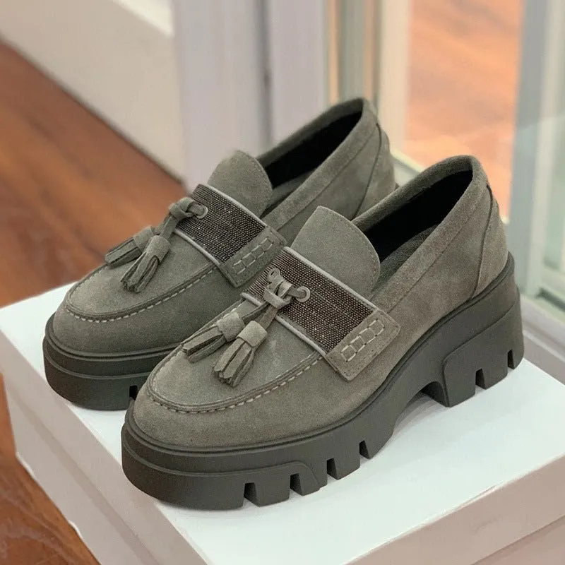 Pre Order:  Tasseled Suede Thick Sole Loafers