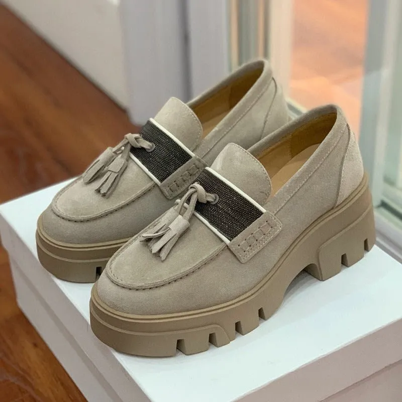 Pre Order:  Tasseled Suede Thick Sole Loafers