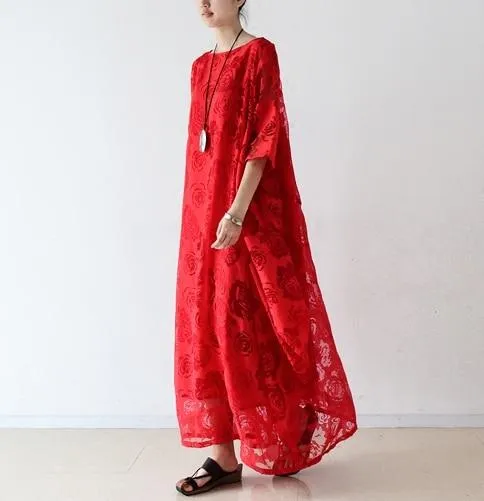 Red Floral Voile Maxi Dress