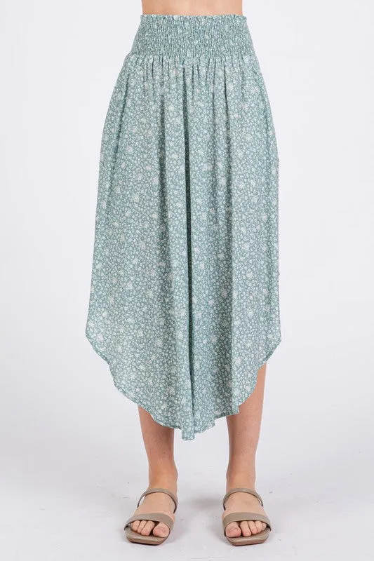Sage Blossom Smocked Midi Skirt