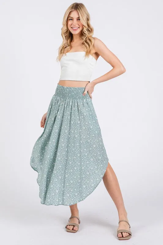 Sage Blossom Smocked Midi Skirt