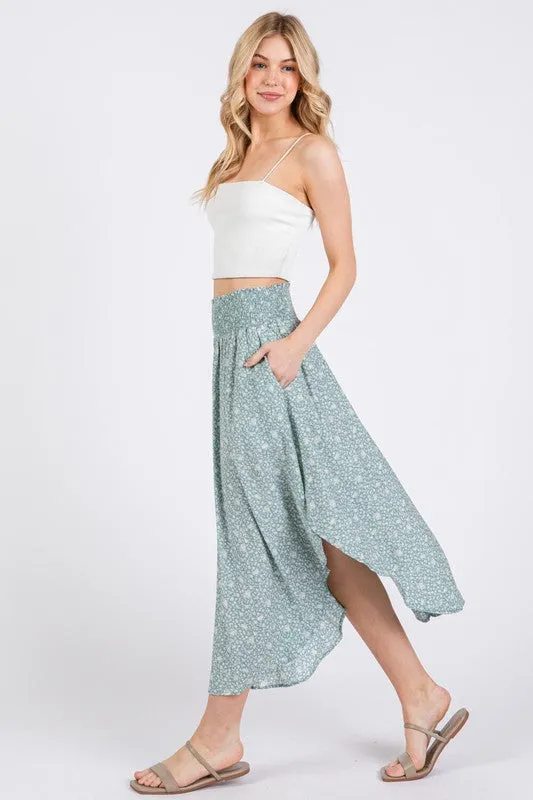 Sage Blossom Smocked Midi Skirt
