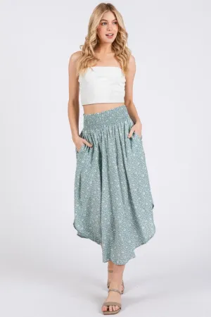 Sage Blossom Smocked Midi Skirt
