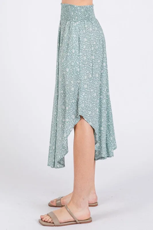 Sage Blossom Smocked Midi Skirt