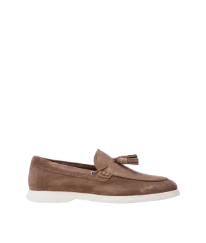 Suede Slip-on Loafers with Tassel Trim - Beige