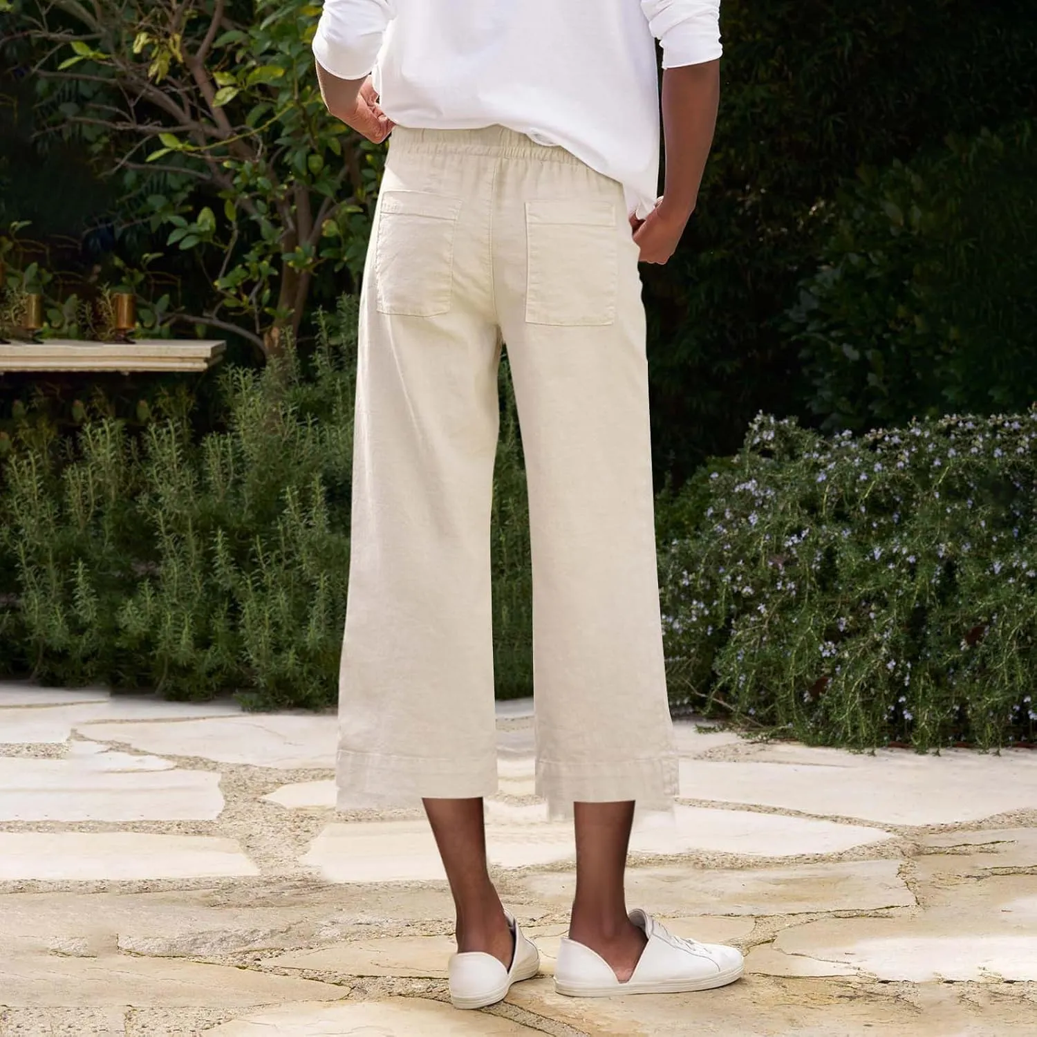 Summer Pants for Women Trendy Linen Elastic Vacation Beach Pants Wide Leg High Rise Solid Trendy Trousers with Pockets