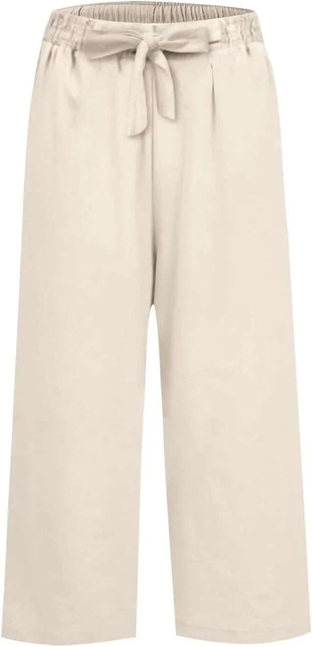 Summer Pants for Women Trendy Linen Elastic Vacation Beach Pants Wide Leg High Rise Solid Trendy Trousers with Pockets