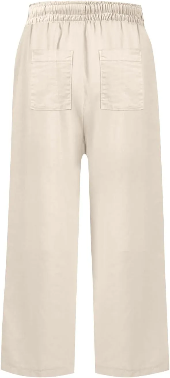 Summer Pants for Women Trendy Linen Elastic Vacation Beach Pants Wide Leg High Rise Solid Trendy Trousers with Pockets