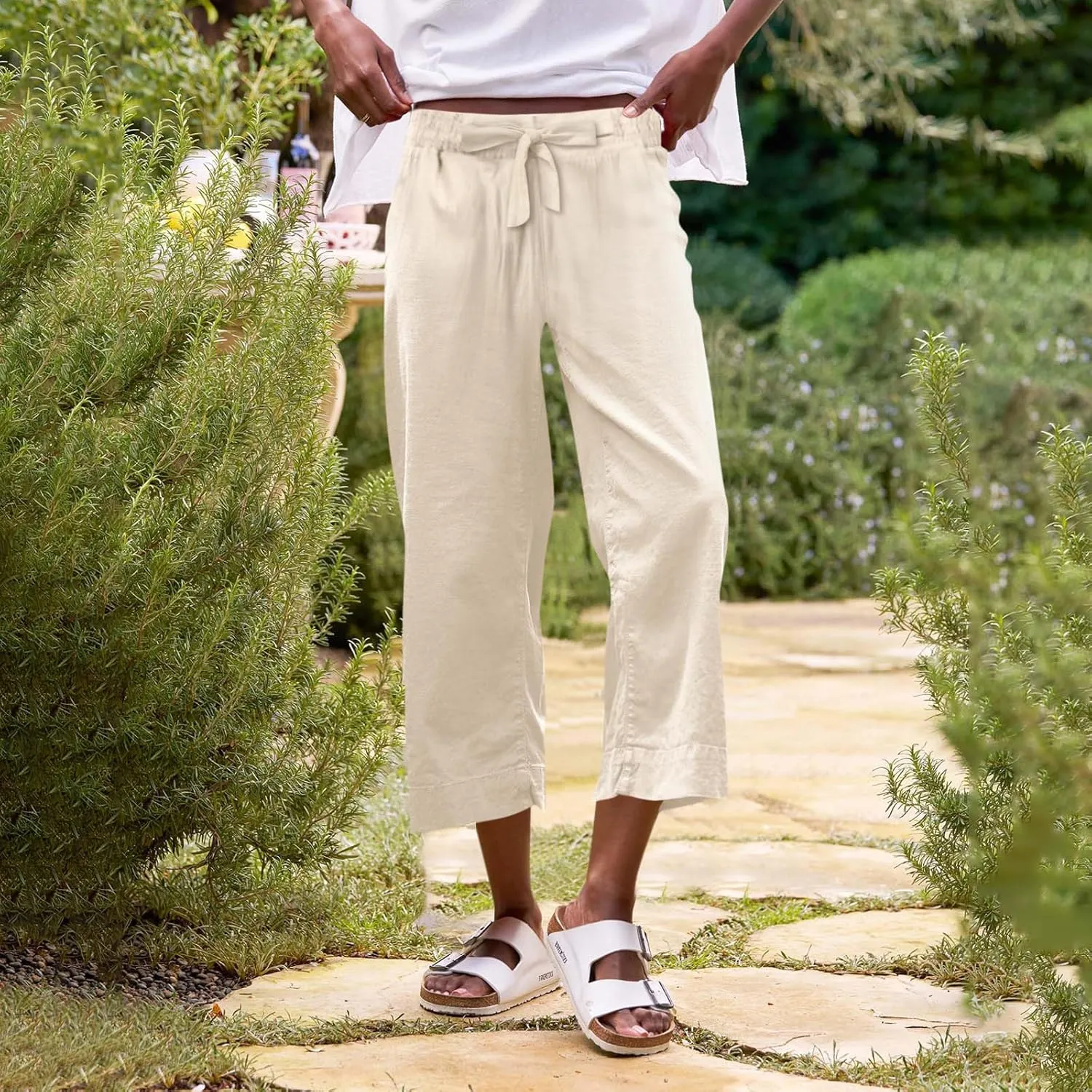 Summer Pants for Women Trendy Linen Elastic Vacation Beach Pants Wide Leg High Rise Solid Trendy Trousers with Pockets