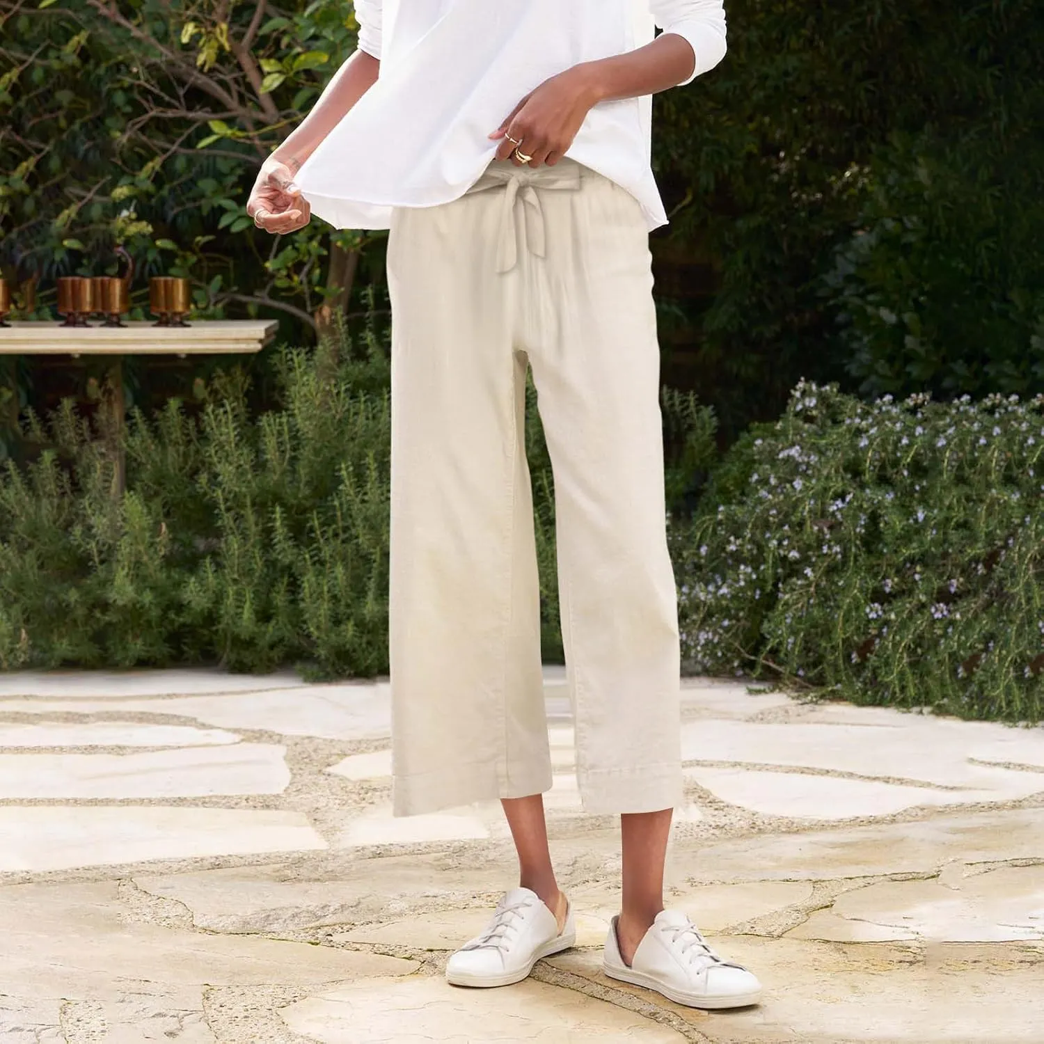 Summer Pants for Women Trendy Linen Elastic Vacation Beach Pants Wide Leg High Rise Solid Trendy Trousers with Pockets