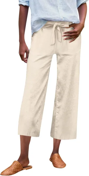 Summer Pants for Women Trendy Linen Elastic Vacation Beach Pants Wide Leg High Rise Solid Trendy Trousers with Pockets