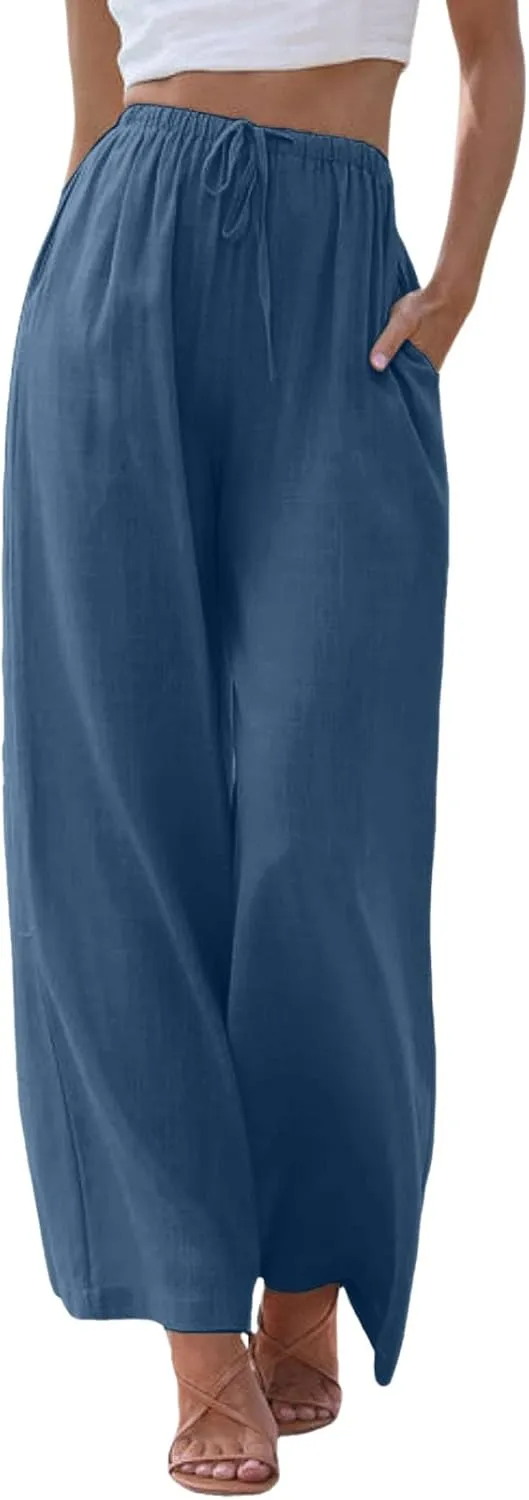 Wide Leg Cotton Linen Pants for Women Comfortable Fashion Flowy High Waisted Beach Palazzo Trousers with Pockets 2025 Summer