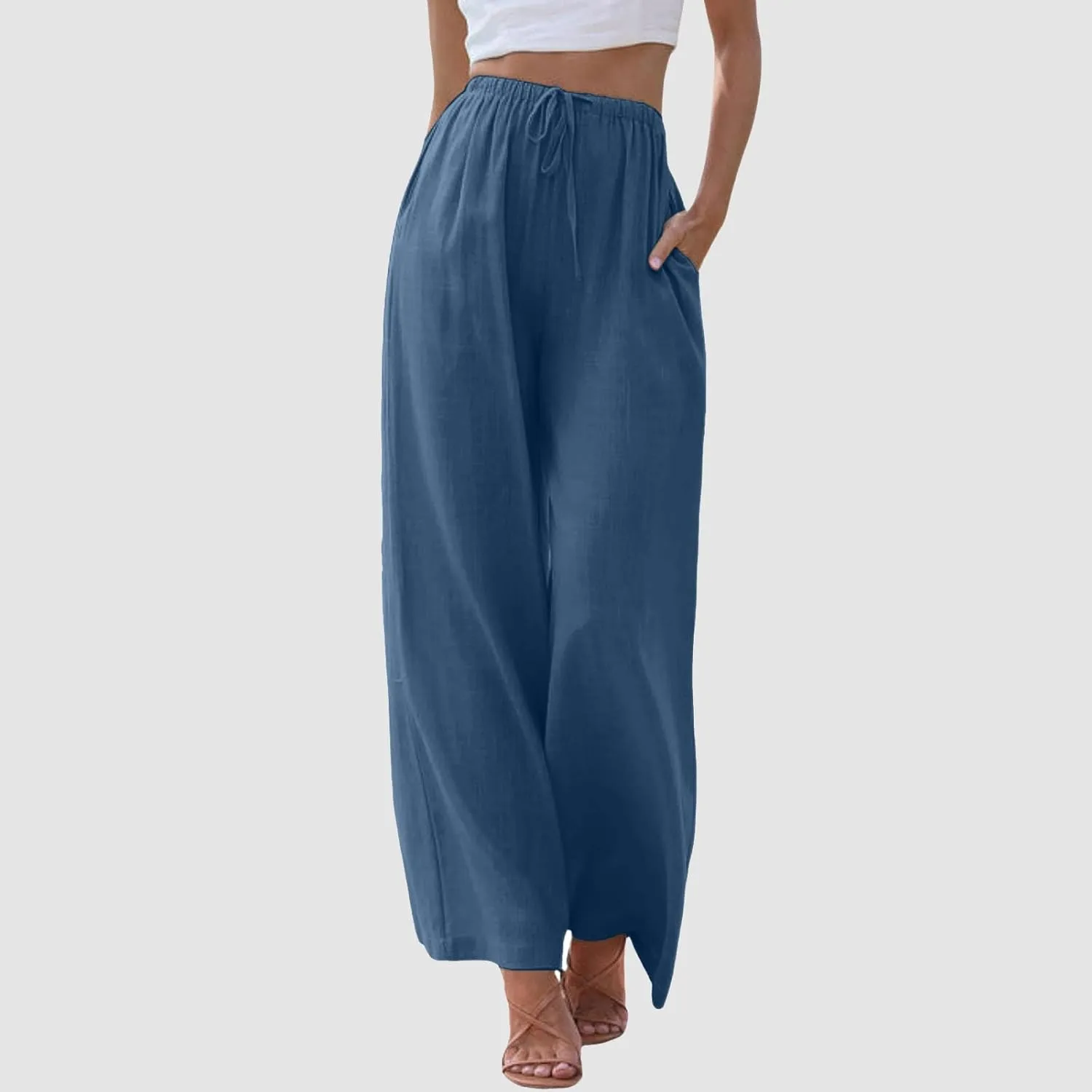 Wide Leg Cotton Linen Pants for Women Comfortable Fashion Flowy High Waisted Beach Palazzo Trousers with Pockets 2025 Summer