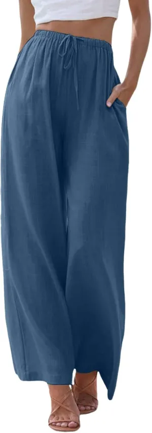 Wide Leg Cotton Linen Pants for Women Comfortable Fashion Flowy High Waisted Beach Palazzo Trousers with Pockets 2025 Summer