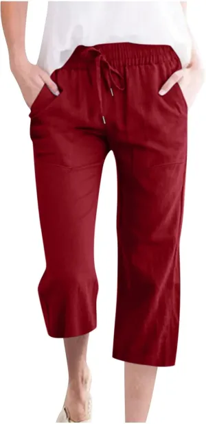 Womens Casual Capri Pants Summer Linen Elastic Waist Straight Loose Crop Trouser Lounge Athletic Yoga Pants Plus Size
