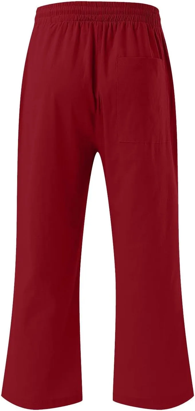 Womens Casual Capri Pants Summer Linen Elastic Waist Straight Loose Crop Trouser Lounge Athletic Yoga Pants Plus Size