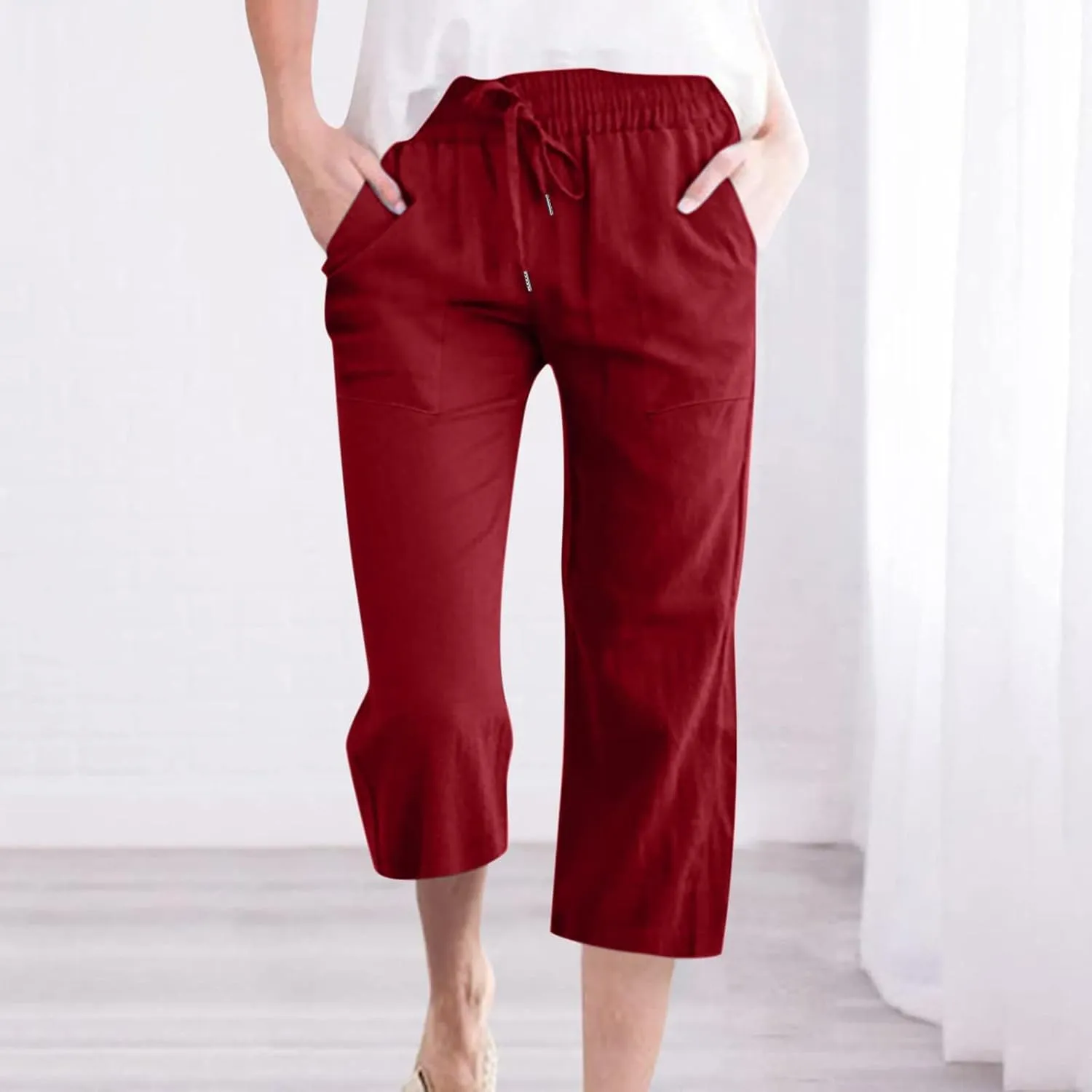 Womens Casual Capri Pants Summer Linen Elastic Waist Straight Loose Crop Trouser Lounge Athletic Yoga Pants Plus Size
