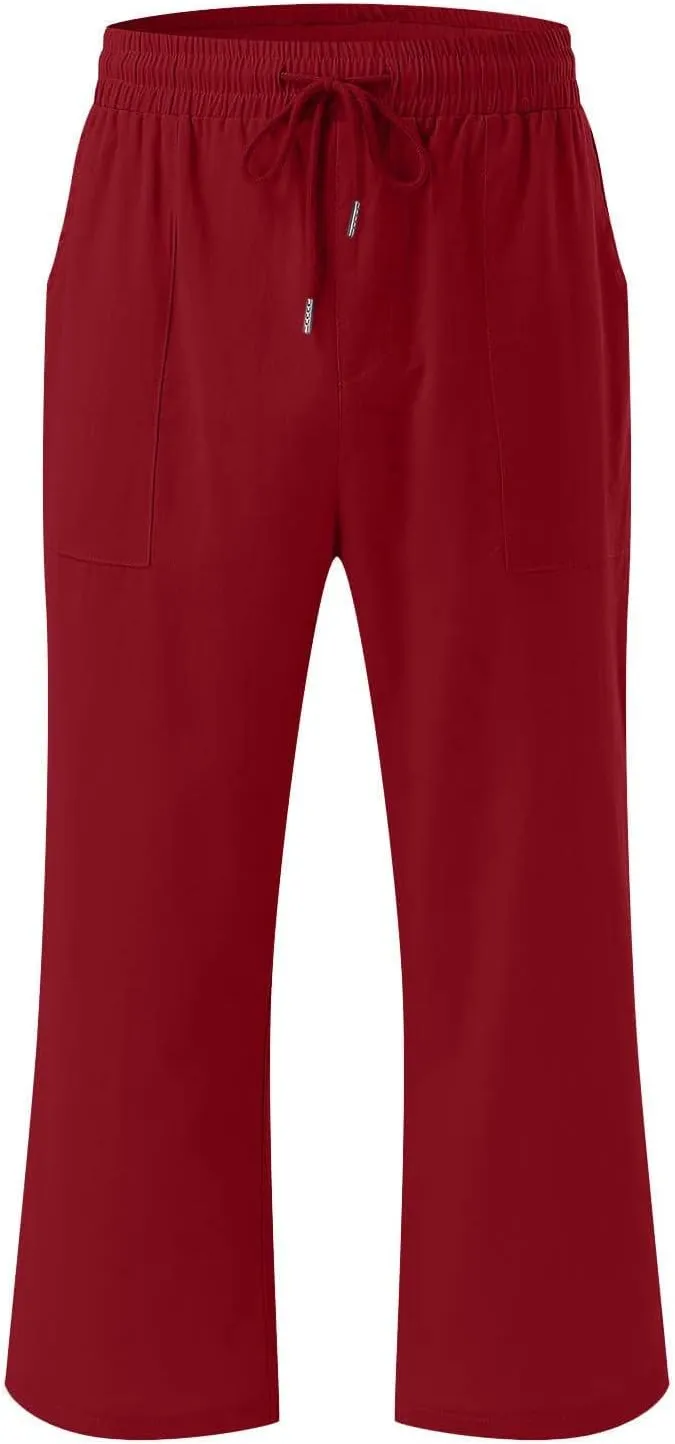 Womens Casual Capri Pants Summer Linen Elastic Waist Straight Loose Crop Trouser Lounge Athletic Yoga Pants Plus Size