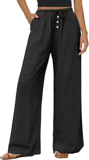 Womens Casual Pants Wide Leg Linen High Waisted Summer Fashion Comfy Pants Elastic Button Up Pockets Solid 2025 Outfit