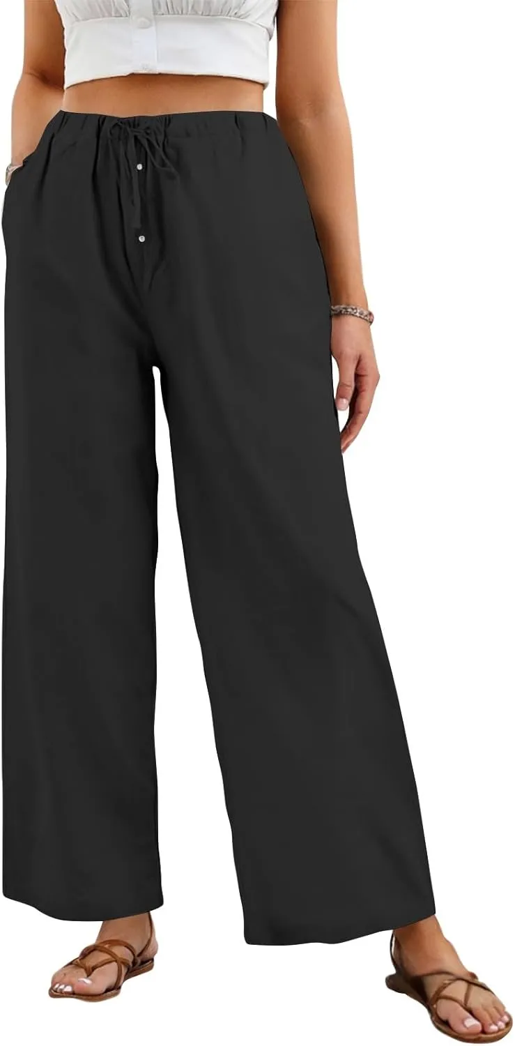 Womens Casual Pants Wide Leg Linen High Waisted Summer Fashion Comfy Pants Elastic Button Up Pockets Solid 2025 Outfit