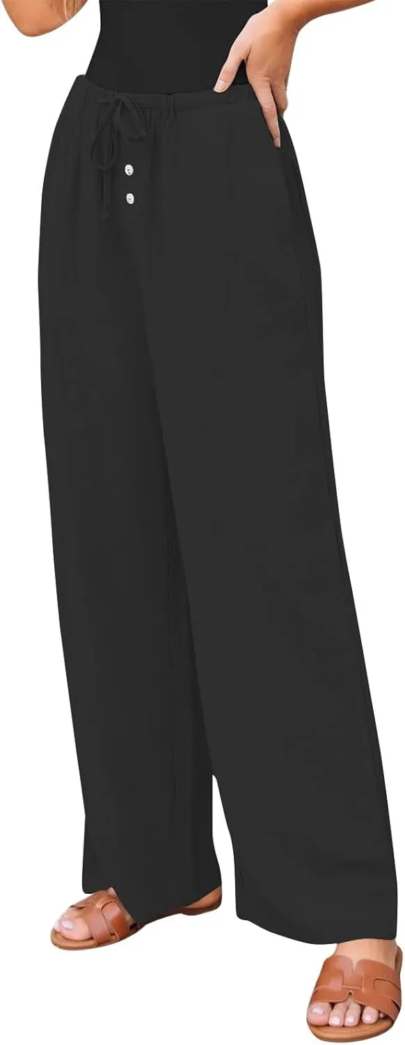 Womens Casual Pants Wide Leg Linen High Waisted Summer Fashion Comfy Pants Elastic Button Up Pockets Solid 2025 Outfit