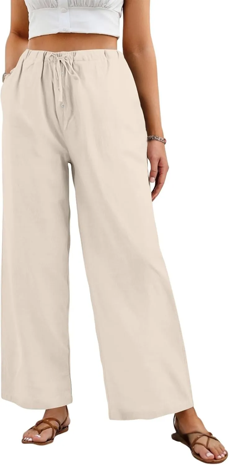 Womens Casual Pants Wide Leg Linen High Waisted Summer Fashion Comfy Pants Elastic Button Up Pockets Solid 2025 Outfit
