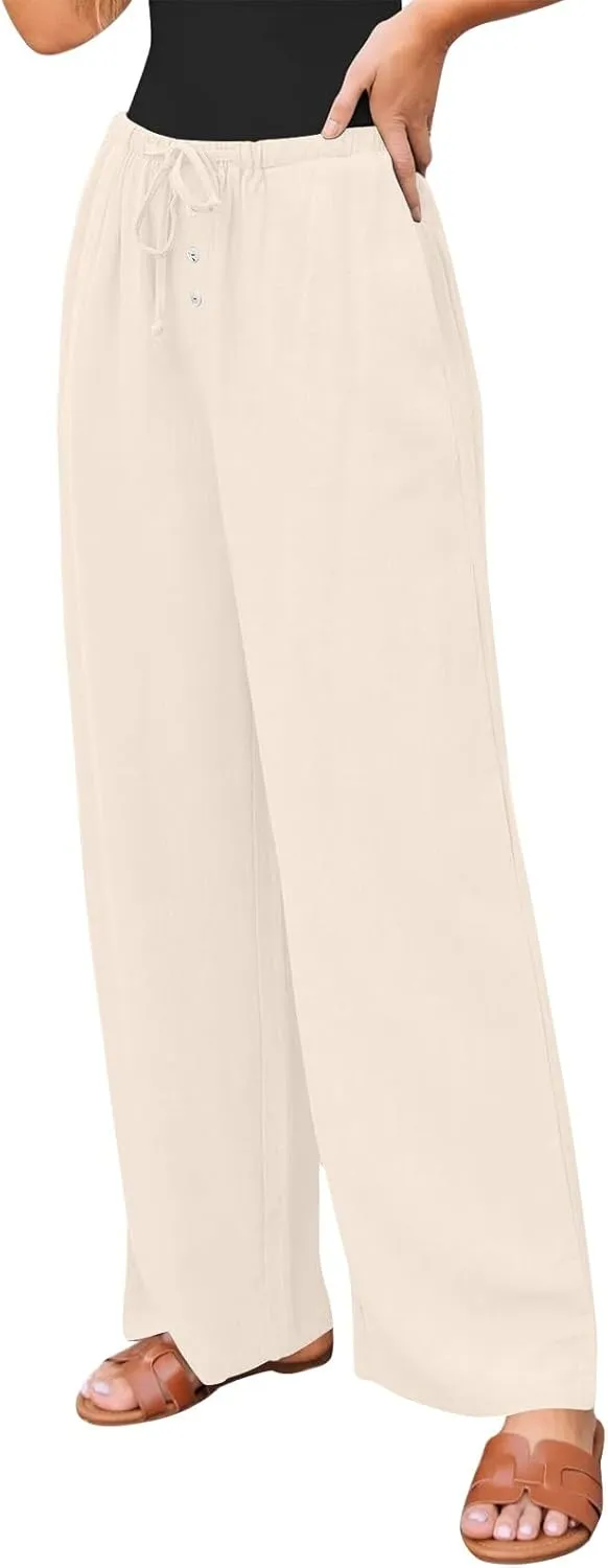 Womens Casual Pants Wide Leg Linen High Waisted Summer Fashion Comfy Pants Elastic Button Up Pockets Solid 2025 Outfit