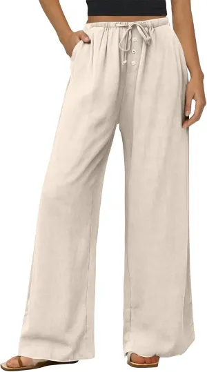 Womens Casual Pants Wide Leg Linen High Waisted Summer Fashion Comfy Pants Elastic Button Up Pockets Solid 2025 Outfit