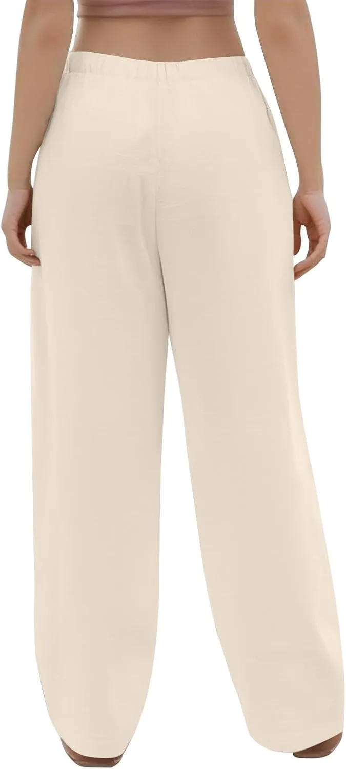 Womens Casual Pants Wide Leg Linen High Waisted Summer Fashion Comfy Pants Elastic Button Up Pockets Solid 2025 Outfit