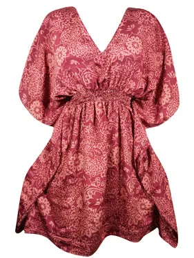 Womens Magenta-red Short Kaftan Dress Summer Beach Recycle Sari Dresses One size