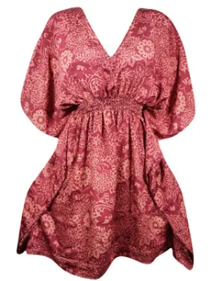 Womens Magenta-red Short Kaftan Dress Summer Beach Recycle Sari Dresses One size