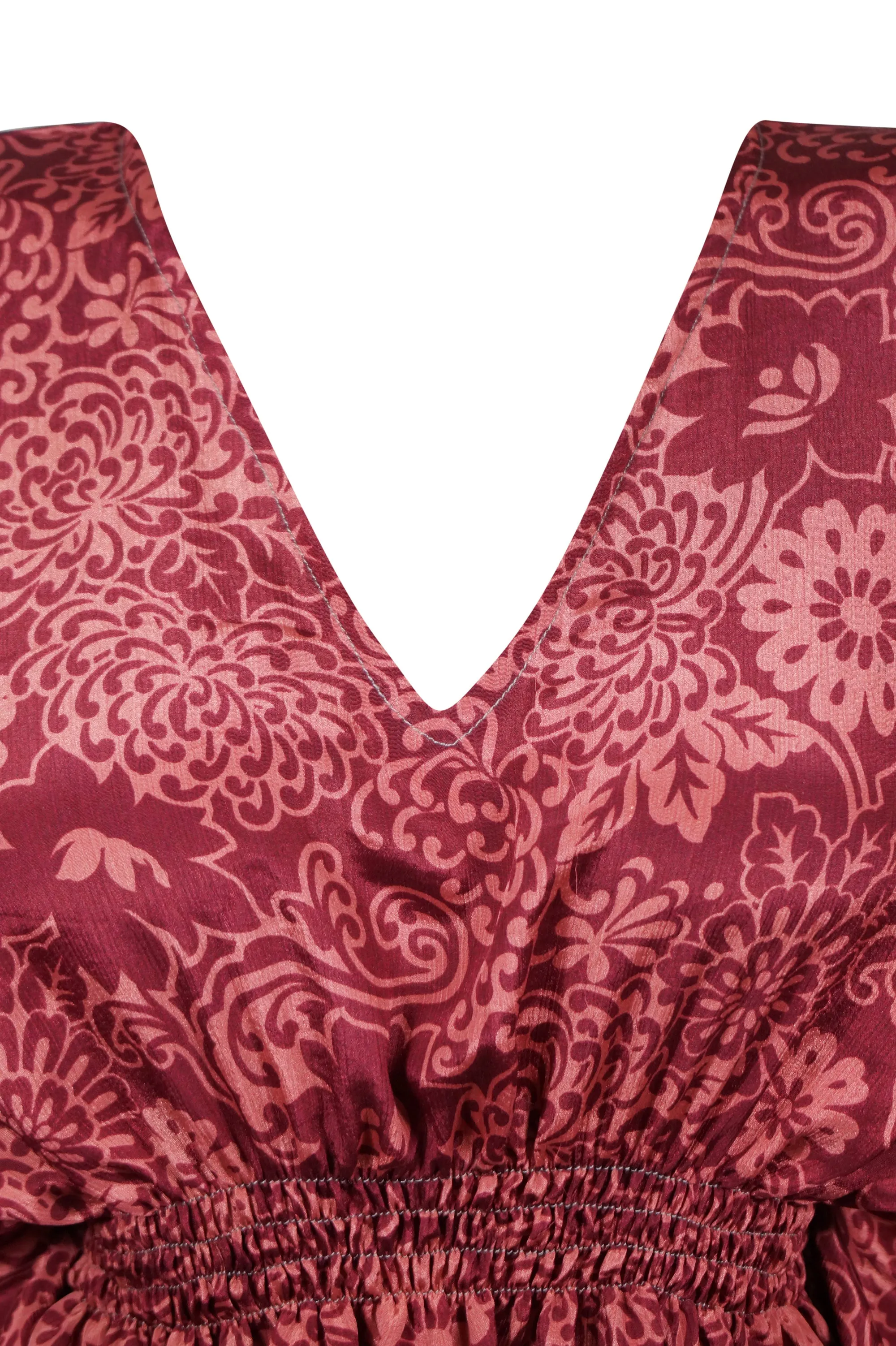Womens Magenta-red Short Kaftan Dress Summer Beach Recycle Sari Dresses One size