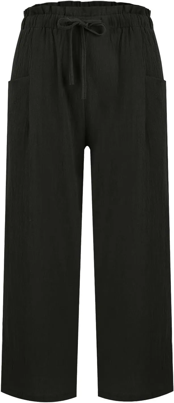 Womens Pants Ruffle Waist Cotton Linen Wide Leg Pants Drawstring Loose Fit Pant with Pocket Summer Beach Trousers
