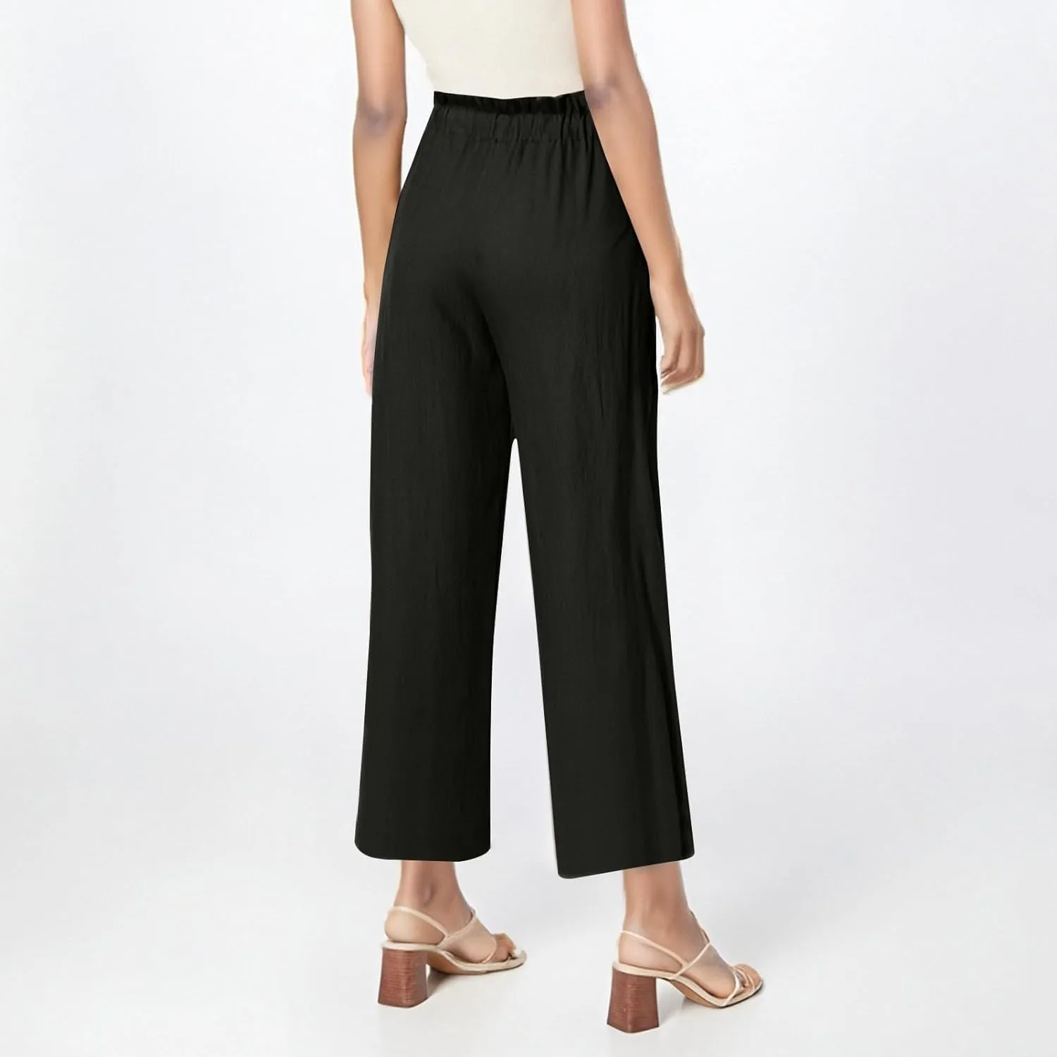 Womens Pants Ruffle Waist Cotton Linen Wide Leg Pants Drawstring Loose Fit Pant with Pocket Summer Beach Trousers