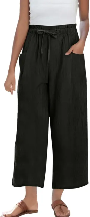 Womens Pants Ruffle Waist Cotton Linen Wide Leg Pants Drawstring Loose Fit Pant with Pocket Summer Beach Trousers