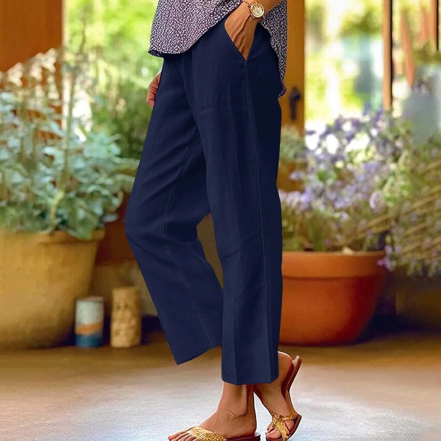 Women's Wide Leg Pants Linen Casual Summer Trendy Workout Relaxed Fit Loose Lounge Yoga Trousers with Pockets Beach