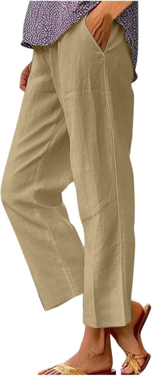 Women's Wide Leg Pants Linen Casual Summer Trendy Workout Relaxed Fit Loose Lounge Yoga Trousers with Pockets Beach