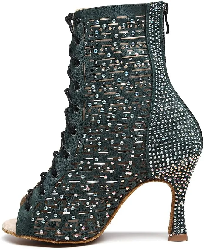 YKXLM Ballroom Dance Shoes for Women Latin Salsa Tango Dance Boots Peep Toe with Rhinestones,9008