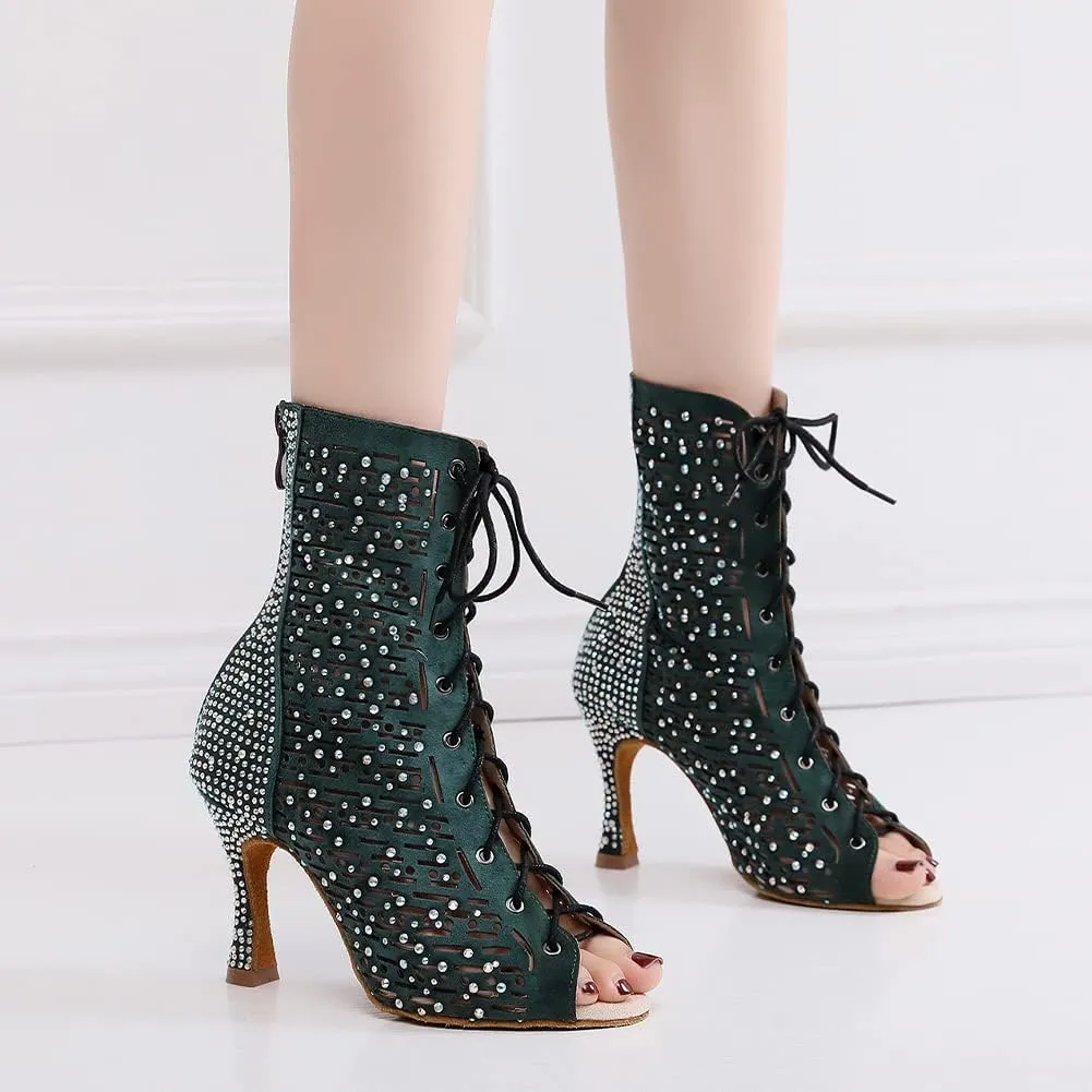YKXLM Ballroom Dance Shoes for Women Latin Salsa Tango Dance Boots Peep Toe with Rhinestones,9008