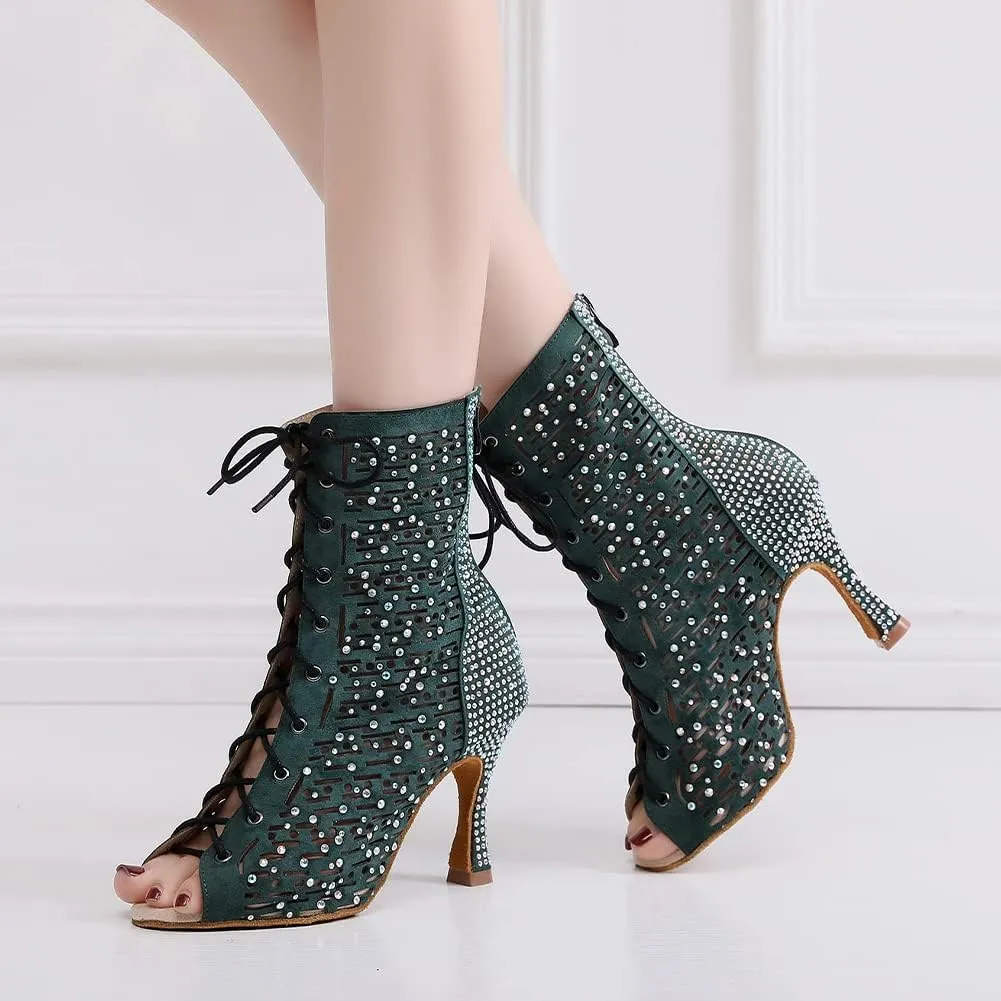 YKXLM Ballroom Dance Shoes for Women Latin Salsa Tango Dance Boots Peep Toe with Rhinestones,9008