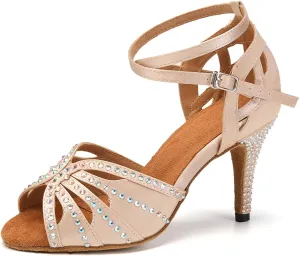 YKXLM Women Rhinestone Ballroom Dance Shoes Latin Performance Dance Shoes Women Suede Sole,L162,3 1/3 inches Heel,Beige,7.5 US