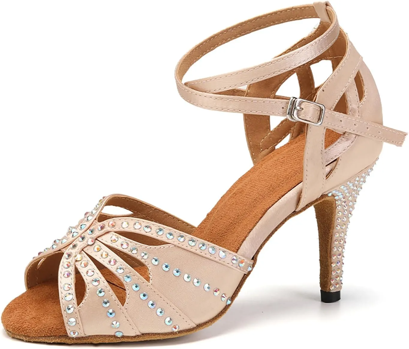 YKXLM Women Rhinestone Ballroom Dance Shoes Latin Performance Dance Shoes Women Suede Sole,L162,3 1/3 inches Heel,Beige,7.5 US